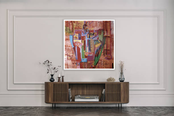 Tableau, Africa dans une entrée d'appartement au dessus d'un meuble marron, oeuvre peinture acrylique art contemporain aux tons chauds et formes géométriques signée Ratillon