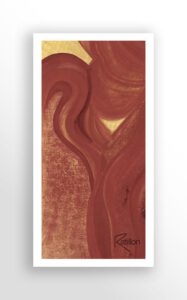 Fusion, peinture acrylique art contemporain, nuances de rouge et d'or. Cette peinture se distingue par un mouvement vertical et organique, évoquant la danse hypnotique des flammes ,Palette de rouges profonds, de terre d'ombre et d'éclats dorés pour créer un contraste vibrant.C'estune pièce puissante qui capte le regard, idéale dans un espace contemporain.