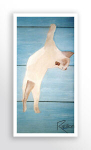 Peinture acrylique art contemporain, chaton siamois, posture pleine d'acrobatie et de curiosité, le corps est étiré vers le haut, les pattes arrières bien ancrées tandis que l'avant du corps bascule, la tête penchée vers le bas pour observer quelque chose au sol, Cette pose dynamique illustre parfaitement la souplesse de l'espièglerie des chatons.