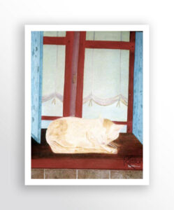 Cette peinture représente un chat à la robe crème et rousse, paisiblement endormi en boule sur le rebord de la fenêtre. L'animal dégage une sensation de bien -être absolu et de calme, capturé dans un moment de repos profond.