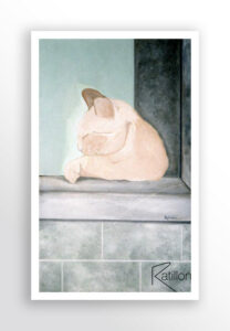 Peinture acrylique art contemporain chat à la robe crème, saisi dans un moment de repos absolu. Le chat est assoupi, la tête doucement posée contre son corps, créant une forme ovale et apaisante qui évoque le confort. Edouard est de profil dans un format vertical droit.