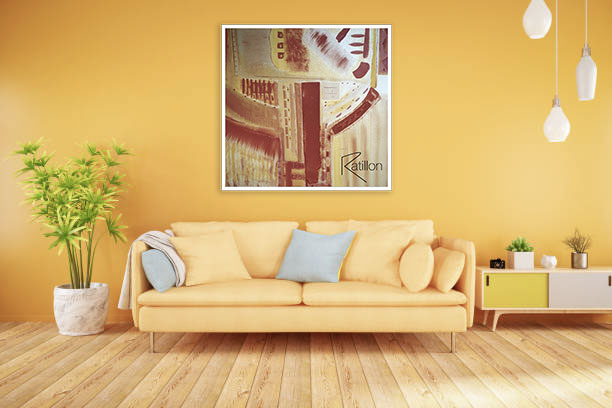 Tableau Mexique jaune, peinture acrylique art contemporain, composition abstraite géométrique et organique atmosphère solaire et énergisante dans appartement parisien moderne, mur jaune, canapé de couleur jaune pâle, coussins bleus et jaunes petit buffet bicolore à droite