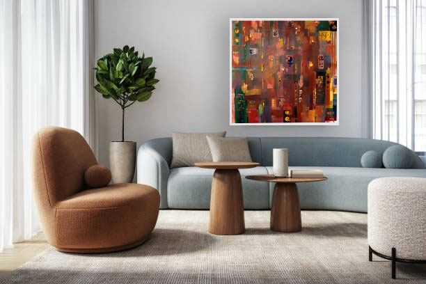 Sensation - peinture acrylique art contemporain, abstraite aux tons chauds ocre, brun, rouge brique, or, jaune , vert, bleu dans un salon parisien évoque un assemblage architecturale, structure formes verticales